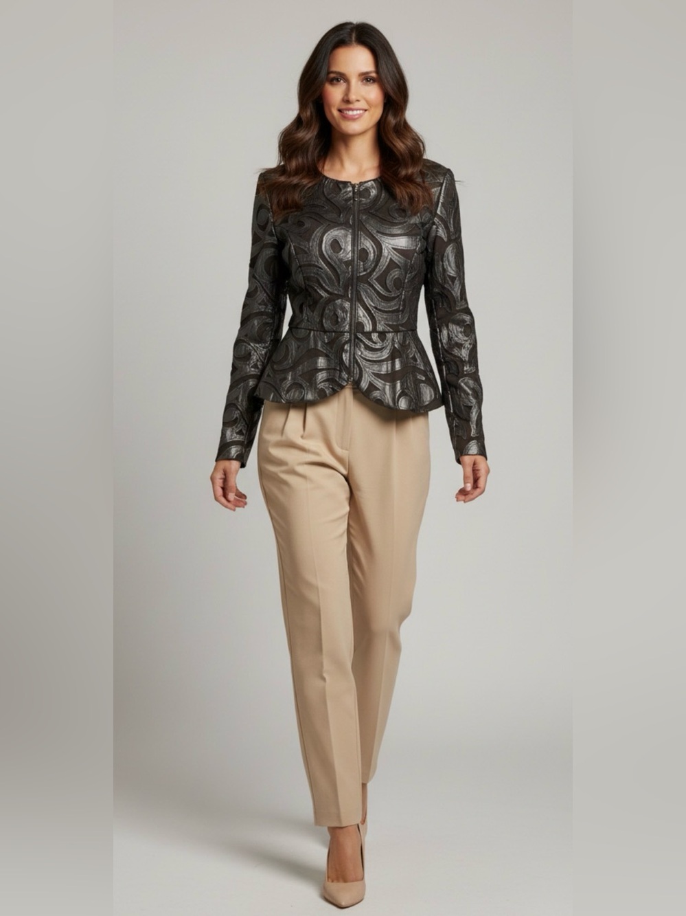 Frank Lyman Black Sheer Mesh & Faux Leather Applique Zip Jacket Size 10